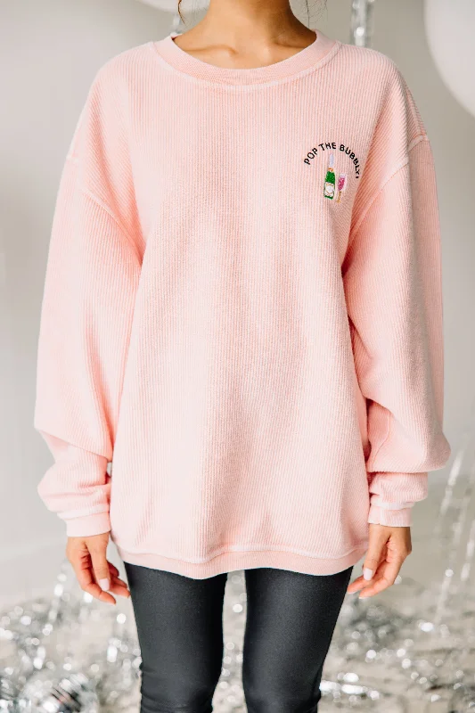 Pop The Bubbly Blush Pink Embroidered Corded Sweatshirt