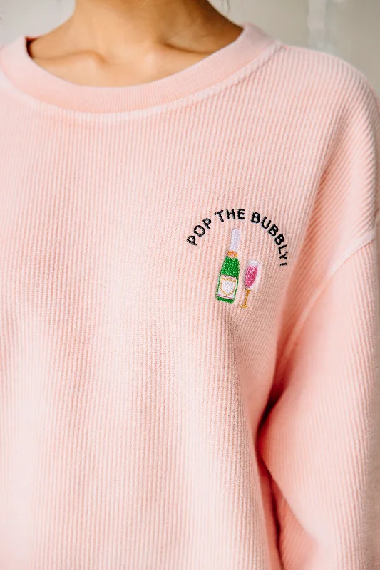 Pop The Bubbly Blush Pink Embroidered Corded Sweatshirt