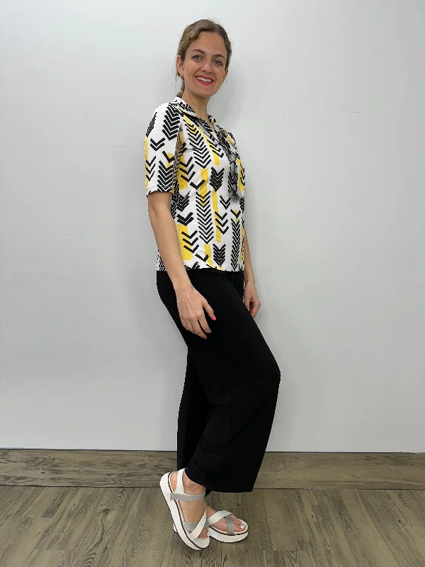 Short Sleeve Half Zip Yellow Print Top