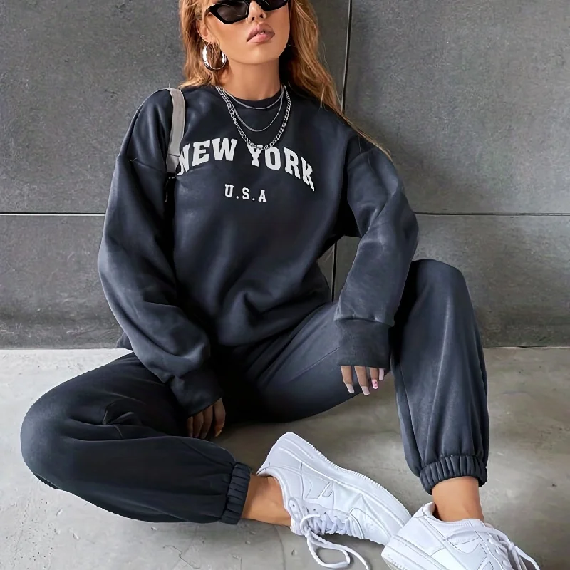 Sixsr Casual Workout Two-piece Set, Letter Print Long Sleeve Sweatshirt & Solid Jogger Pants Outfits, Women's Clothing