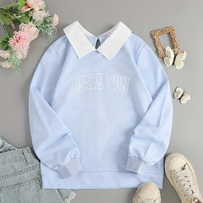 Sixsr Girls Stylish Crew Neck Collared Sweatshirt Top Pullovers For Sports Casual Outfit, Cute Kids Spring/ Fall Clothing