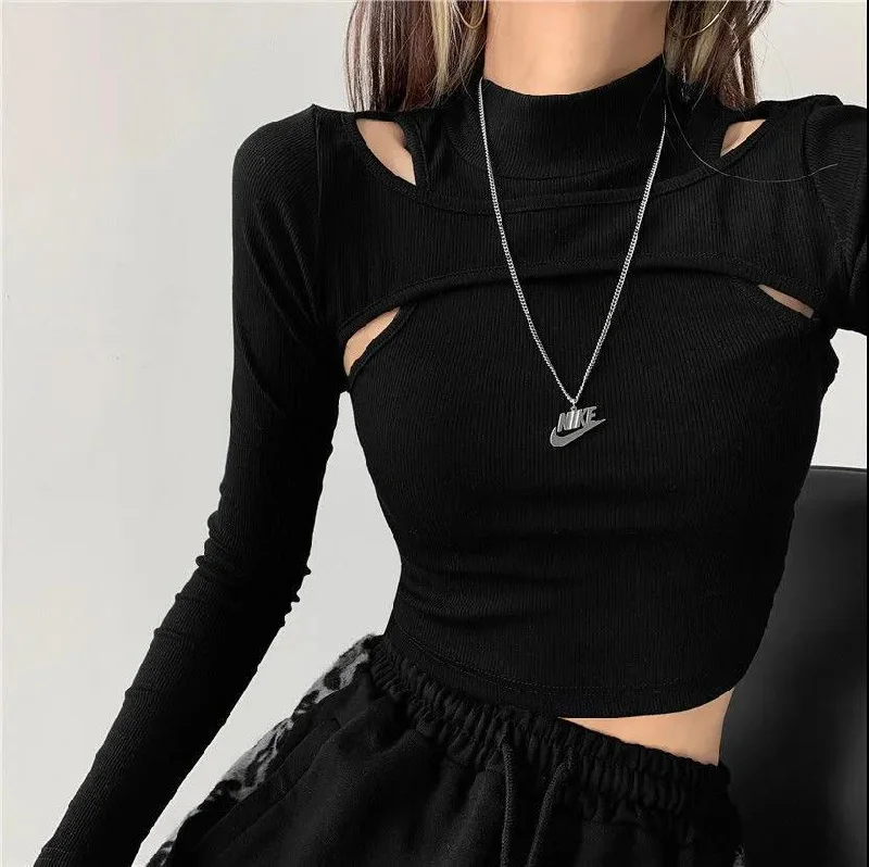 Sixsr Hollow Knitted Crop Tops Women New Fitness Fake Two-piece T-shirt Female Black White Long Sleeve Tops