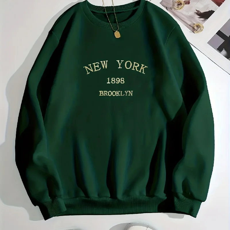 Sixsr New York Brooklyn Print Loose Sweatshirt, Casual Long Sleeve Crew Neck Sweatshirt, Women's Clothing