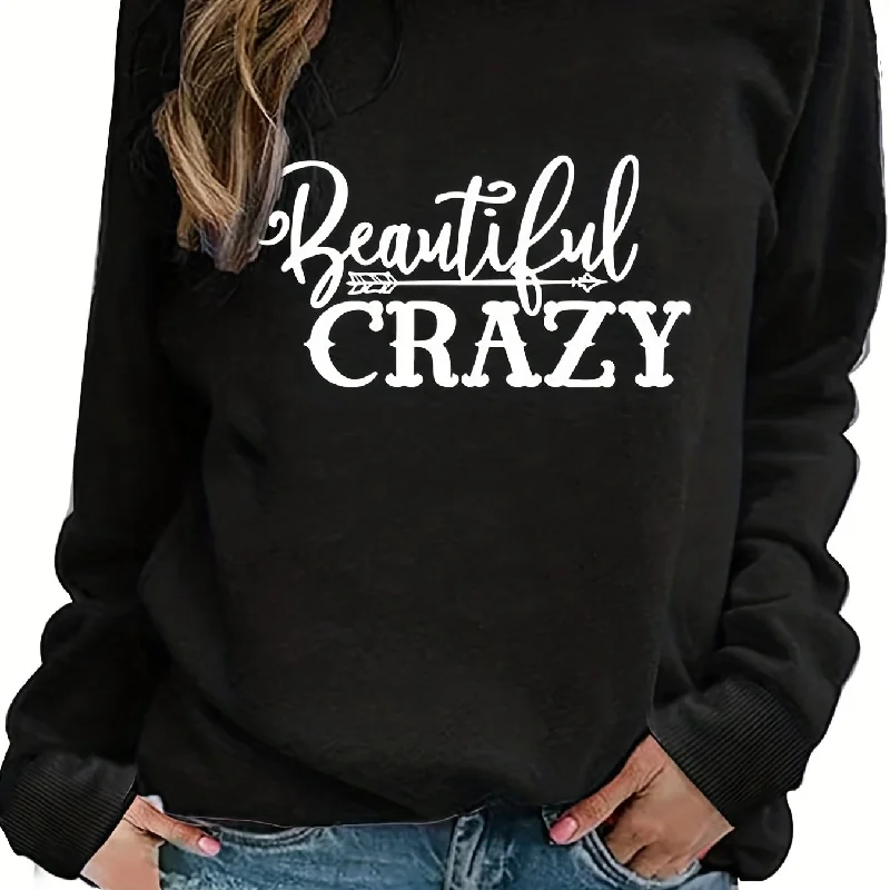 Sixsr Plus Size Casual Sweatshirt, Women's Plus Arrow & Art Letter Print Long Sleeve Round Neck Slight Stretch Sweatshirt