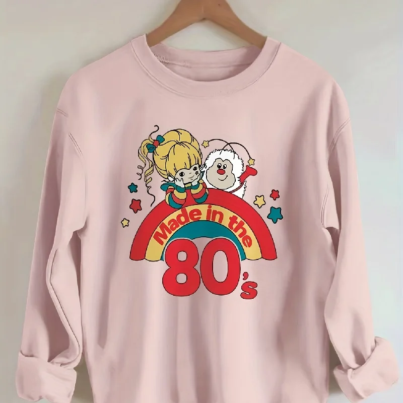 Sixsr Plus Size Casual Sweatshirt, Women's Plus Cartoon Figure & Rainbow & Letter ""80s"" Print Long Sleeve Round Neck Slight Stretch Sweatshirt