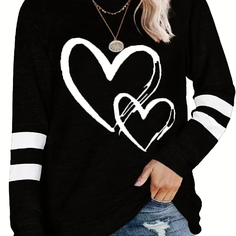 Sixsr Plus Size Casual Sweatshirt, Women's Plus Heart & Stripe Print Long Sleeve Crew Neck Slight Stretch Pullover Sweatshirt, Casual Tops For Fall & Winter, Plus Size Women's Clothing