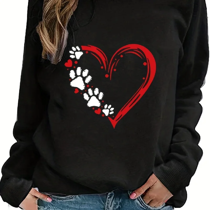 Sixsr Plus Size Casual Sweatshirt, Women's Plus Paw Heart Print Long Sleeve Round Neck Slight Stretch Sweatshirt