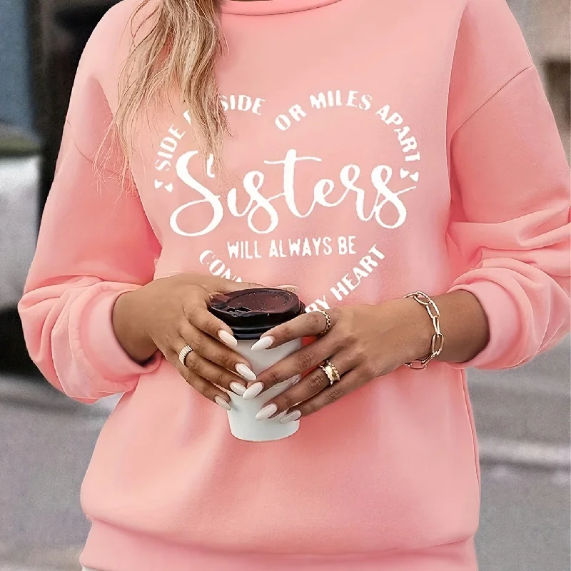 Sixsr Plus Size Casual Sweatshirt, Women's Plus Slogan Print Long Sleeve Round Neck Sweatshirt