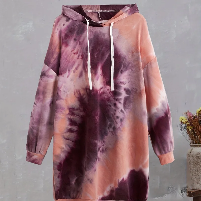 Sixsr Plus Size Casual Sweatshirt, Women's Plus Tie Dye Long Sleeve Drop Shoulder Drawstring Hoodie Long Sweatshirt