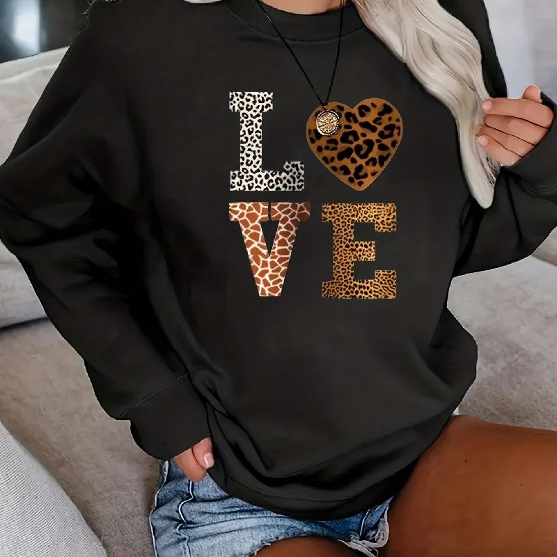 Sixsr Plus Size Casual Tops For Fall & Winter, Women's Plus Funny Letter Print Long Sleeve Crew Neck Pullover Sweatshirt