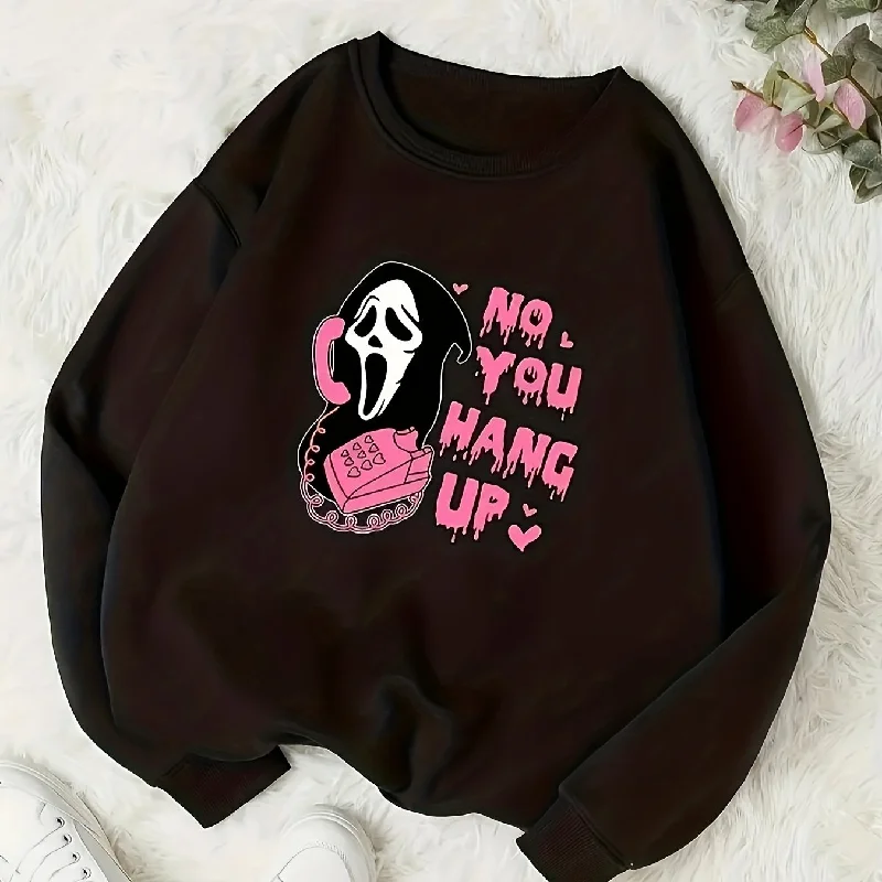 Sixsr Plus Size Halloween Casual Sweatshirt, Women's Plus Skull & Slogan Print Long Sleeve Round Neck Slight Stretch Sweatshirt