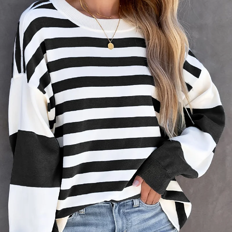 Sixsr Striped Drop Shoulder Pullover, Crew Neck Long Sleeve Sweatshirt For Fall & Winter, Women's Clothing