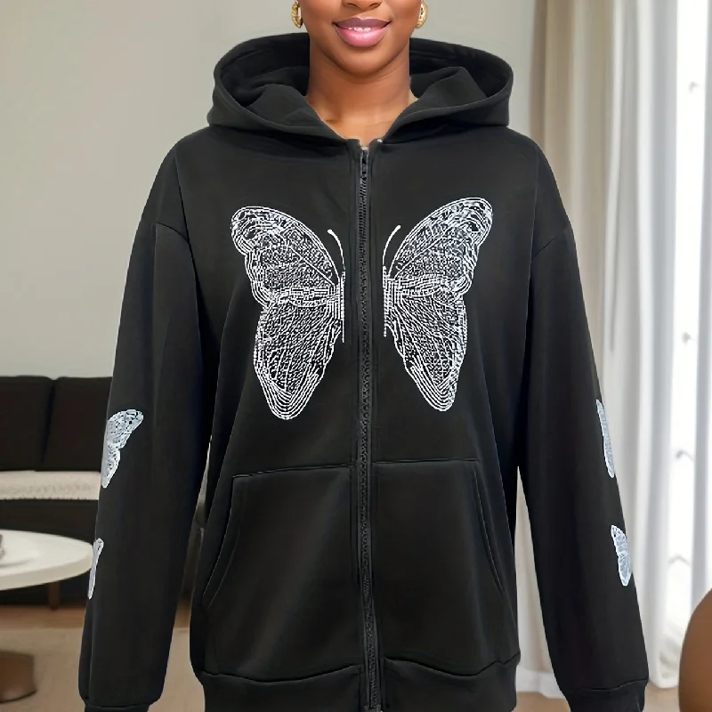 Sixsr Y2K Butterfly Print Sweatshirt, Long Sleeve Crew Neck Zip Up Hoodies Sweatshirts, Casual Tops For Fall & Winter, Women's Clothing