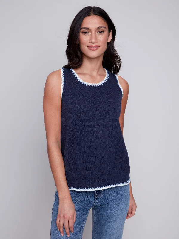 Sleeveless Knit Top with Crochet Detail - Navy