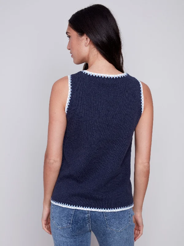 Sleeveless Knit Top with Crochet Detail - Navy