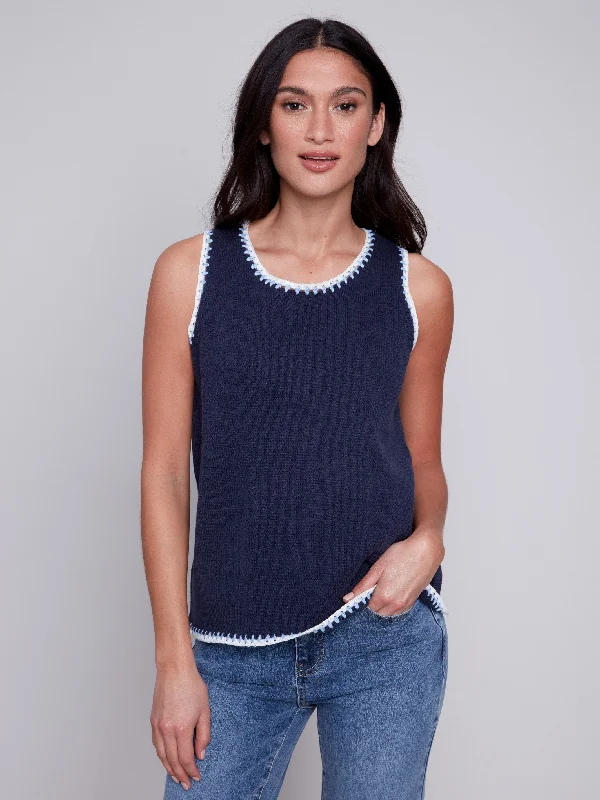 Sleeveless Knit Top with Crochet Detail - Navy