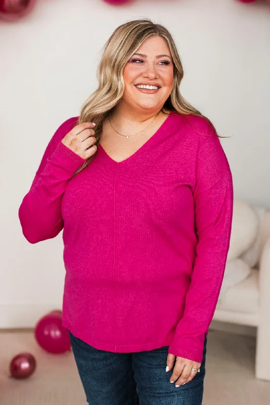 Soft As A Cloud V-Neck Sweater- Hot Pink