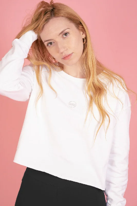 The Classics Cropped Sweater - Embroidered Logo - White