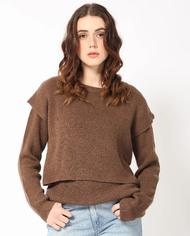 Rareism Women'S Tupfel Brown Acrylic Fabric Full Sleeves Round Neck Regular Fit Plain Sweater