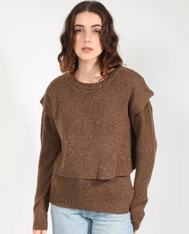 Rareism Women'S Tupfel Brown Acrylic Fabric Full Sleeves Round Neck Regular Fit Plain Sweater