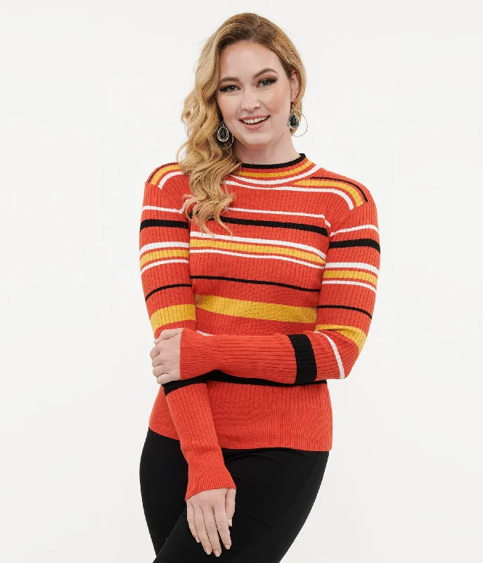 Voodoo Vixen 1970s Orange Striped High Neck Sweater