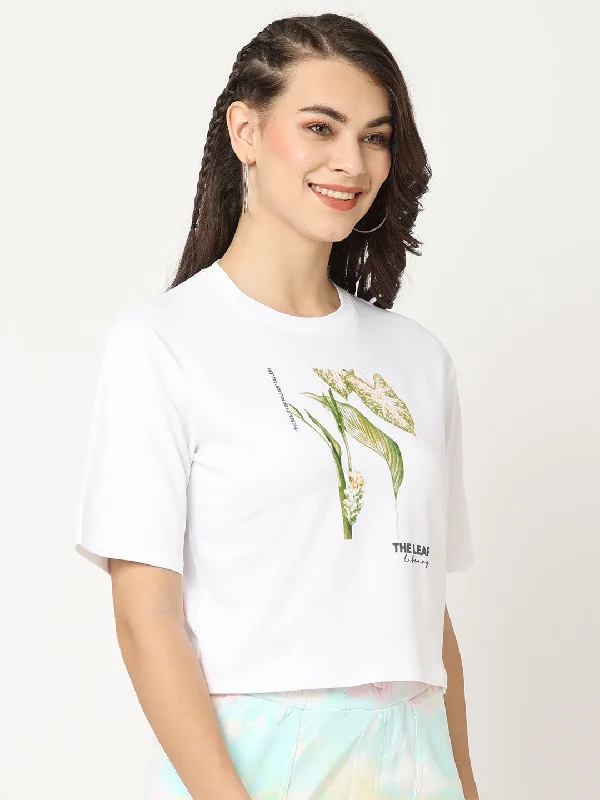 Women Slim Fit White Crop Chest Print T-Shirt