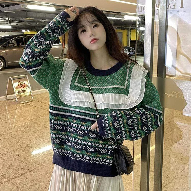 Women's Harajuku Double Color Falbala Splice Sweater