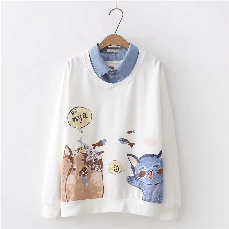 Women's Kawaii Colorful Cats Printed Loose Sweaters