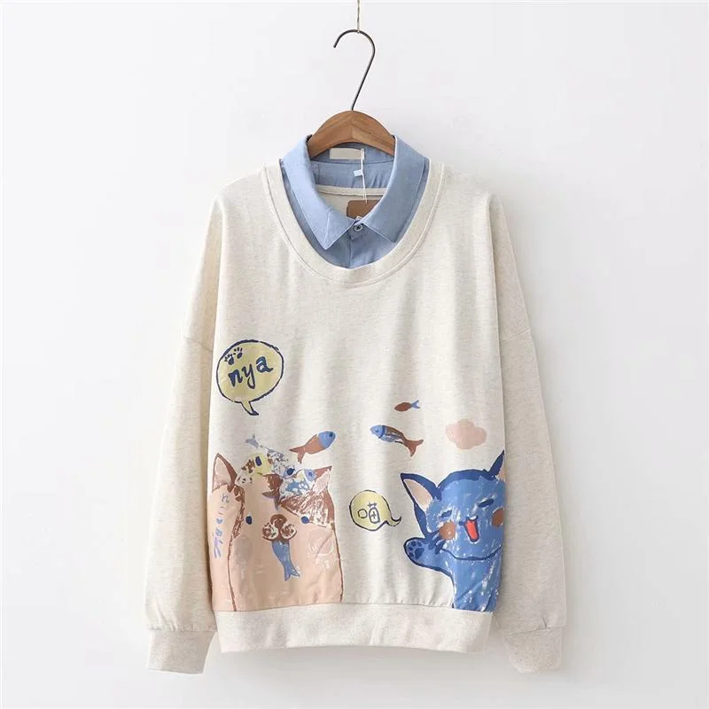 Women's Kawaii Colorful Cats Printed Loose Sweaters