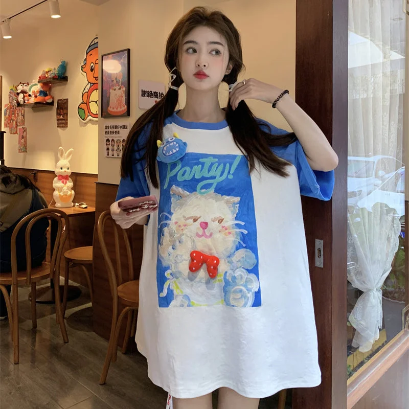 Women's kawaii Contrast Color Cartoon T-shirt