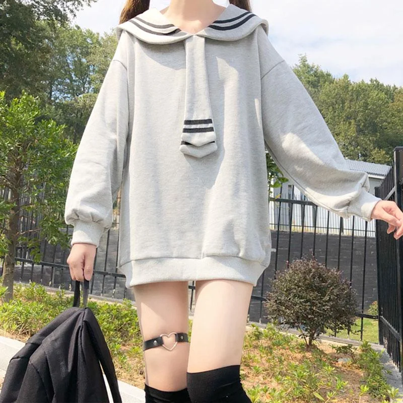 Women's Kawaii Contrast Color Sailor Collar Long Sweaters With Tie