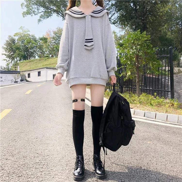 Women's Kawaii Contrast Color Sailor Collar Long Sweaters With Tie