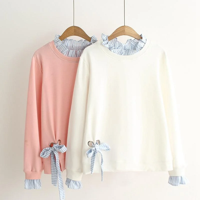 Women's Sweet Pure Color Lace-up Ripped Loose Sweaters Splicing Falbala Striped Shirts