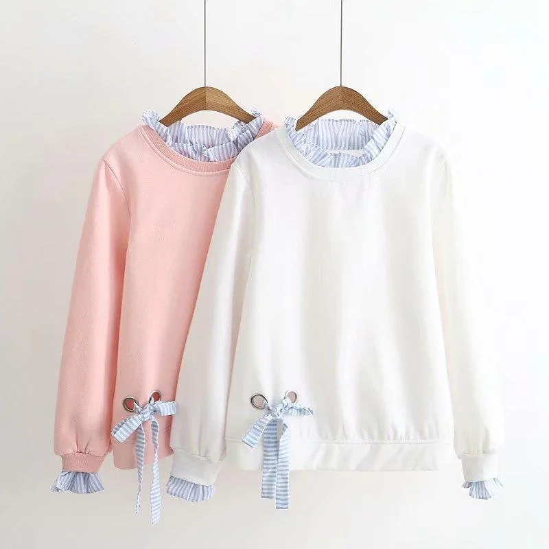 Women's Sweet Pure Color Lace-up Ripped Loose Sweaters Splicing Falbala Striped Shirts