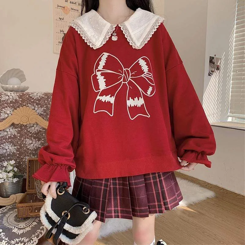 Women's Vintage Big Bowknot Printed Loose Sweaters